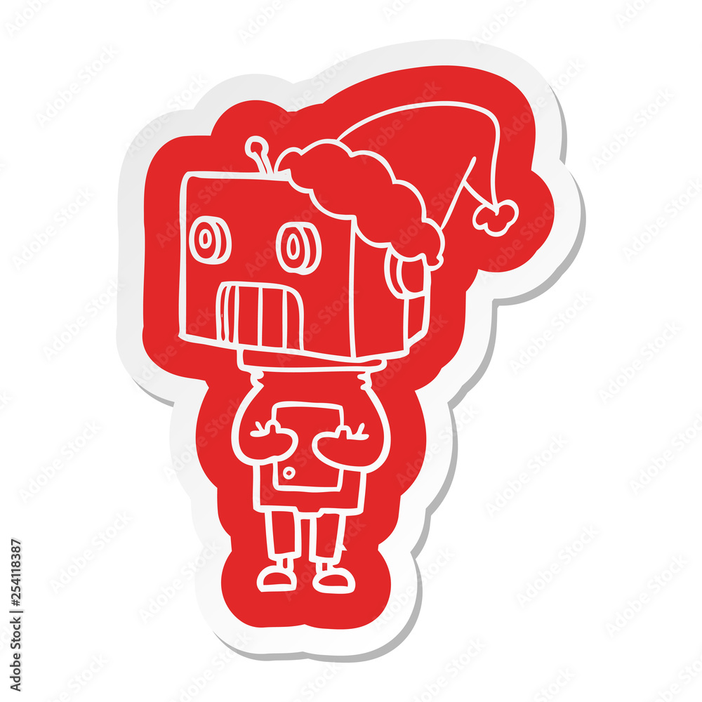 cartoon  sticker of a robot wearing santa hat