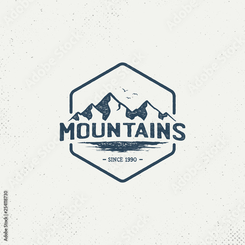 Badge Mountain vintage logo design inspiration, Mountain illustration, outdoor adventure . Vector graphic print for t shirt and other uses. - Vector