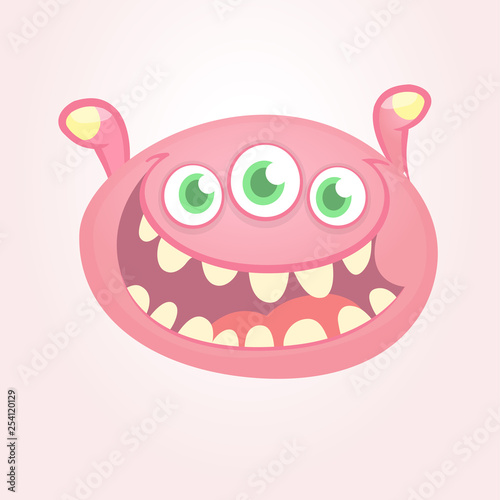 Cartoon thee eyed monster head illustration. Design for logo or sticker photo