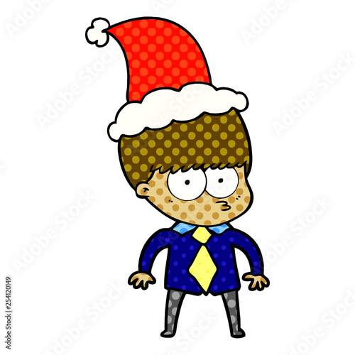 nervous comic book style illustration of a boy wearing shirt and tie wearing santa hat