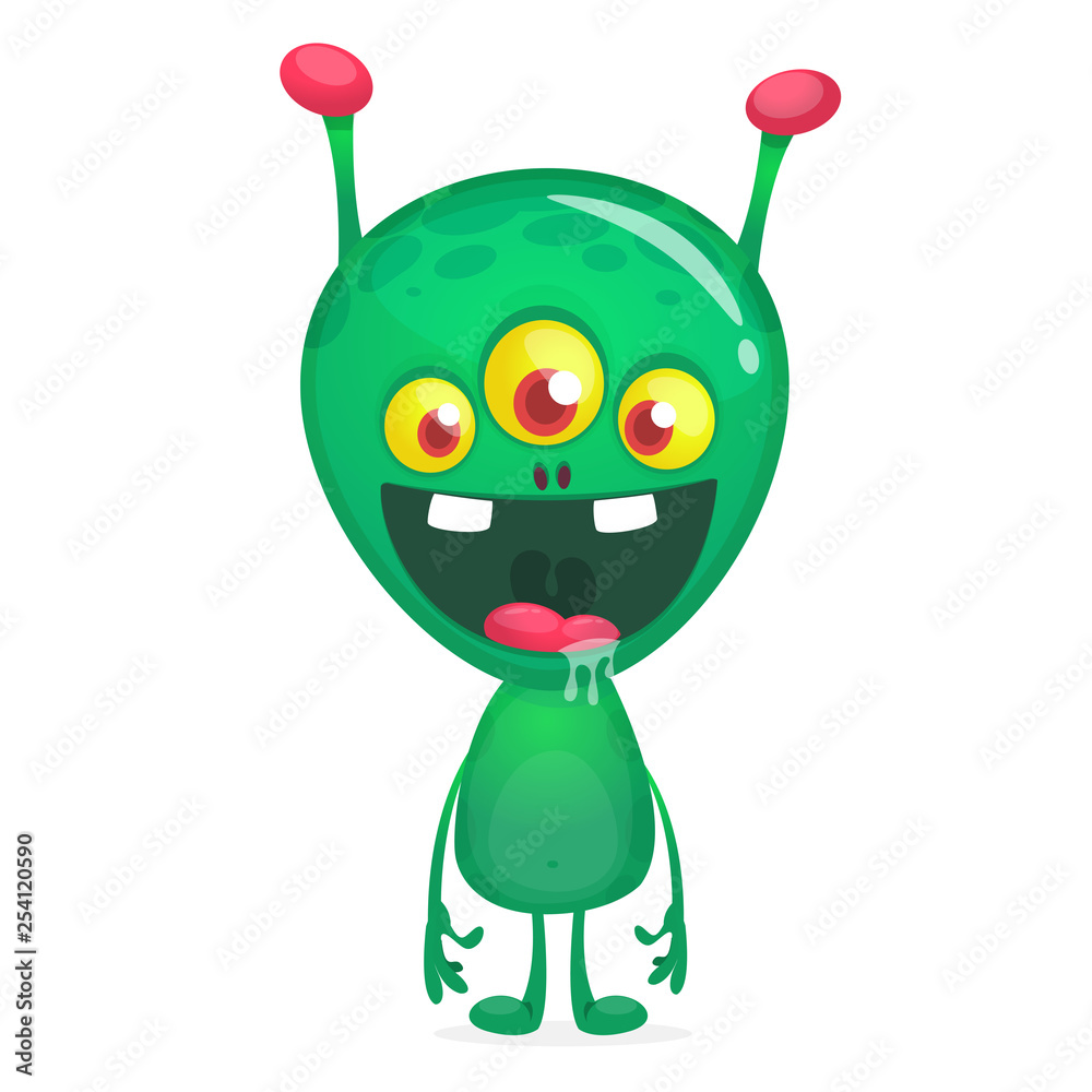 Green funny happy cartoon alien. Green vector alien character with three  eyes. Halloween design Stock Vector | Adobe Stock