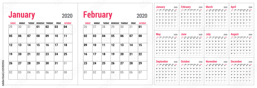 Calendar 2020. English calender template. Vector grid. Office business planning. Simple design Calendar 2020. English calender template. Vector grid. Office business planning. Simple design