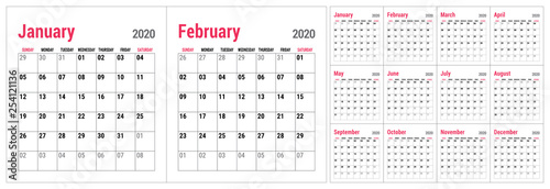 Calendar 2020. English calender template. Vector grid. Office business planning. Simple design