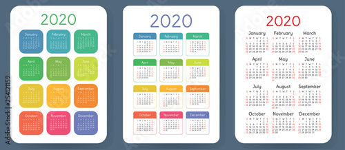 Calendar 2020. Colorful vector set. Pocket calender collection. Week starts on Sunday. Basic grid template for print