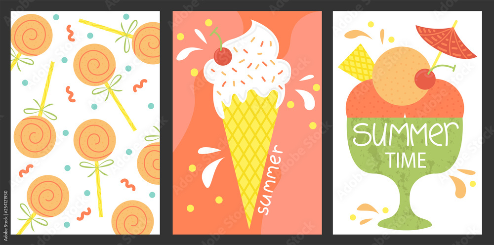 Set of 3 posters of summertime. Vector design concept for summer. Ice cream, summer sweets