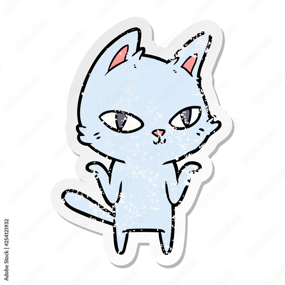 distressed sticker of a cartoon cat staring