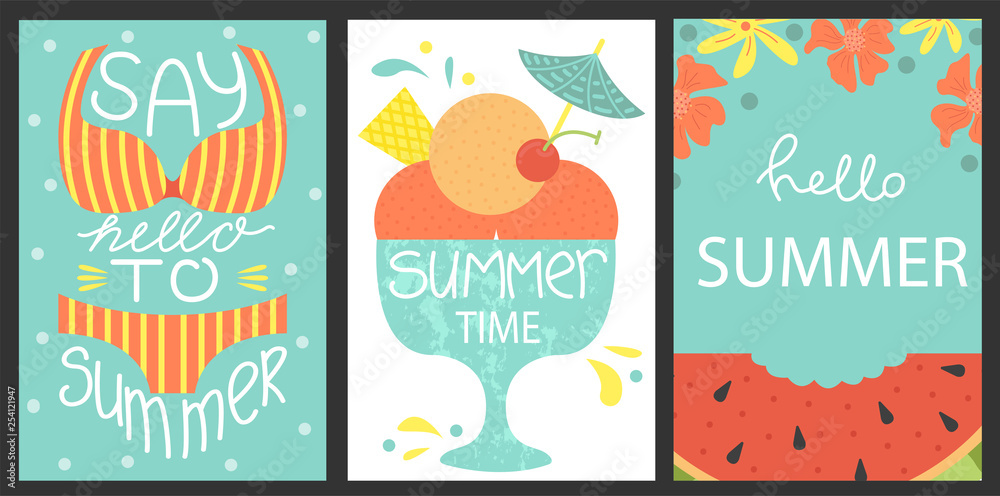 Set of 3 posters of summertime. Vector design concept for summer. Sea vacation, watermelon slice, ice cream