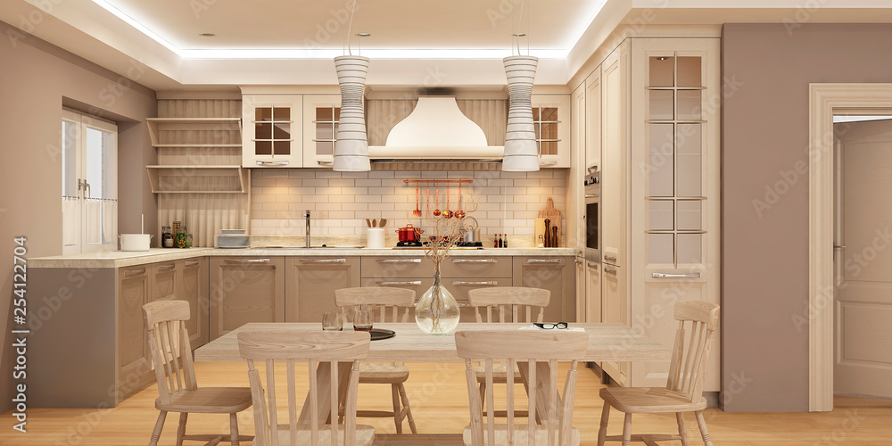 Modern kitchen interior with white and brown wooden facades. 3d rendering. Modern kitchen interior with white and brown wooden facades. 3d rendering.