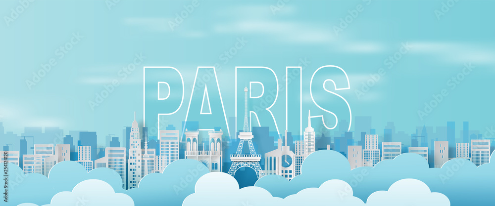 Fototapeta premium Paper art and craft of Traveling holiday Eiffel tower Paris city France,Website Travel holiday time landmarks city pastel color landscape concept your text space background,idea design vacation.vector