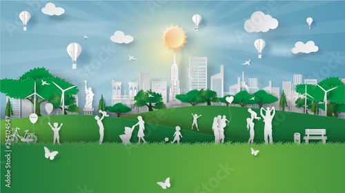 Paper art style of eco landscape sunlight at New York City America with happy family having fun,People big family enjoy fresh air in outdoor park,illustration design ecology paper cut concept vector.