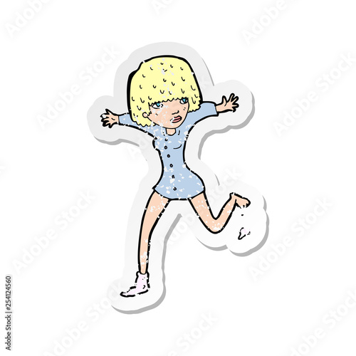 retro distressed sticker of a cartoon woman kicking off sock