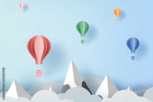 3D paper art and craft of balloon white floating on sky,Balloon with travel holiday Floating on air blue background,happy new years and merry Christmas,Festival concept,landscape snowy mountain.vector