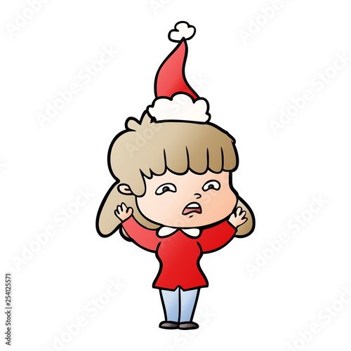gradient cartoon of a worried woman wearing santa hat