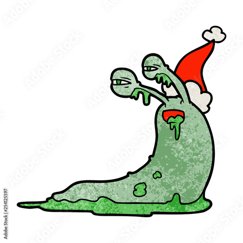 gross textured cartoon of a slug wearing santa hat