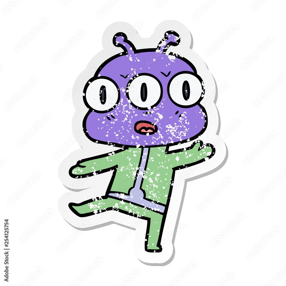 distressed sticker of a cartoon three eyed alien