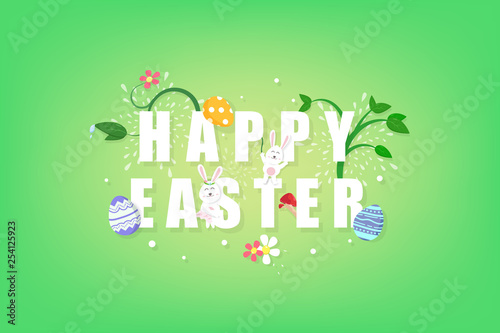 Happy Easter greeting card, cute rabbit with egg, flower and garden poster, invitation abstract background vector illustration