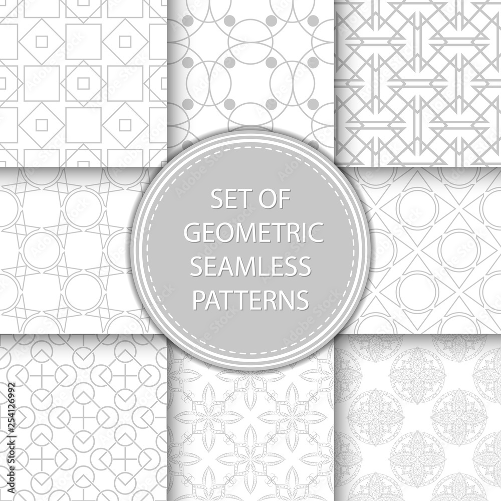 Compilation of seamless patterns. Gray abstract and geometric prints on white backgrounds