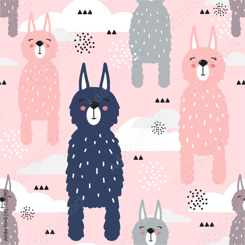 Lamas, clouds, hand drawn backdrop. Colorful seamless pattern with animals. Decorative cute wallpaper, good for printing. Overlapping background vector, happy alpacas. Llama