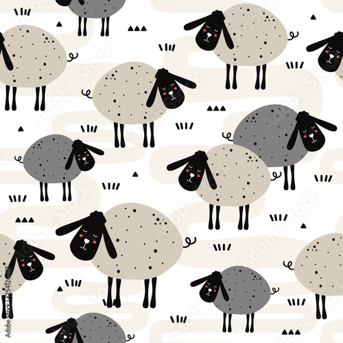 Sheeps, hand drawn backdrop. Colorful seamless pattern with animals. Decorative cute wallpaper, good for printing. Overlapping background vector. Design illustration