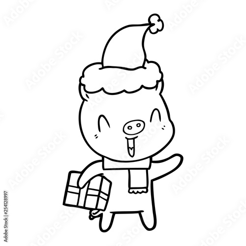 happy line drawing of a pig with xmas present wearing santa hat