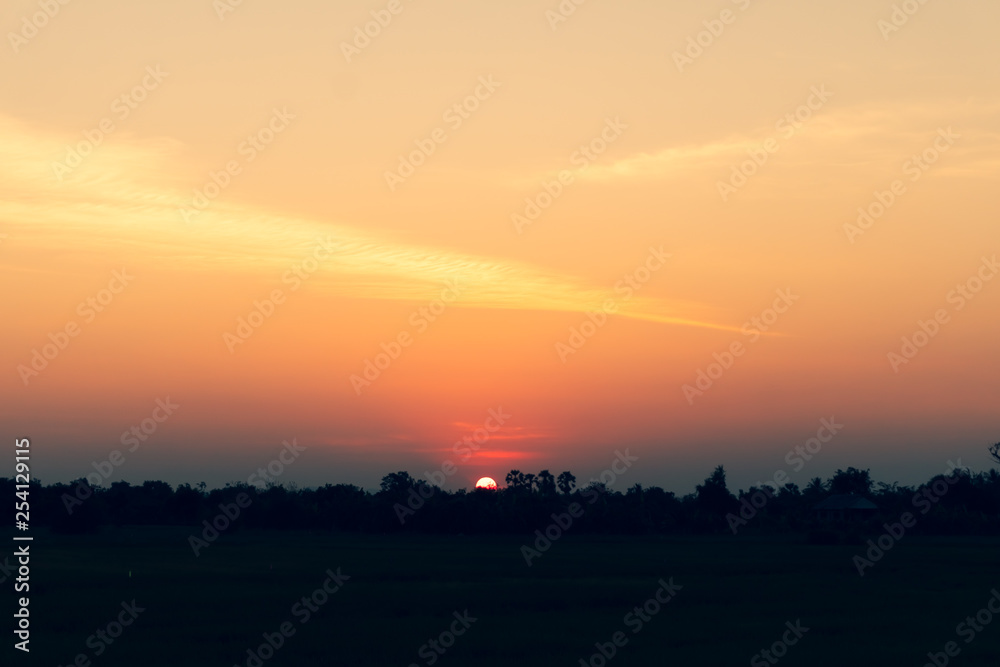 Mountain scenery view with twilight sky beautiful magenta color tone theme sunset and sunrise.