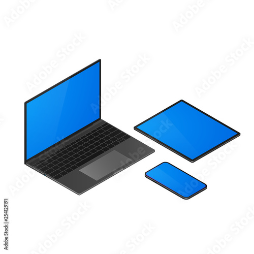 Isometric gadgets set. Laptop and mobile phone, tablet isometric view. Vector illustration
