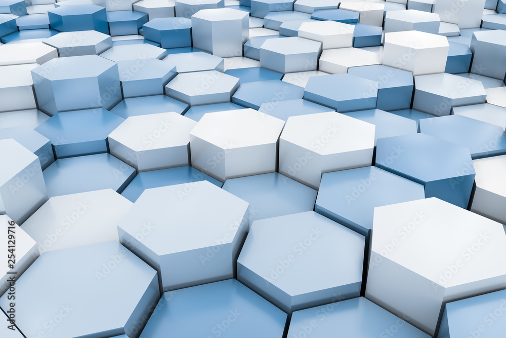 3d rendering, blue hexagon pillar