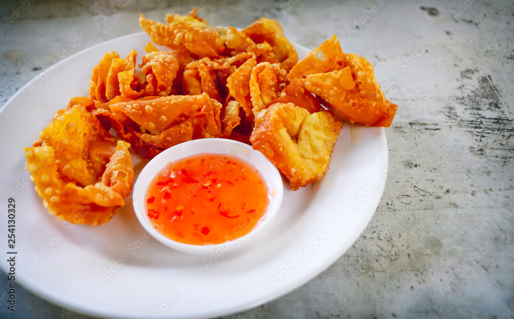 Fried dumpling on the cement table. Top view with copy area. Fried dumpling on the cement table. Top view with copy area.