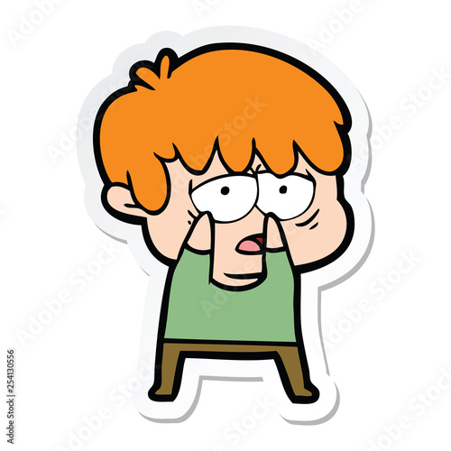 sticker of a cartoon exhausted boy