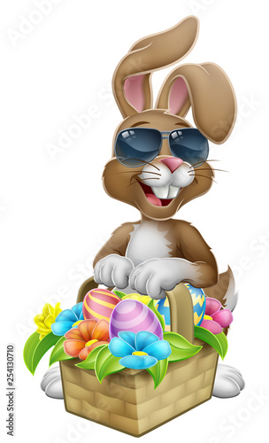 Easter bunny rabbit cartoon character in cool sunglasses or shades with a basket on an Easter egg hunt