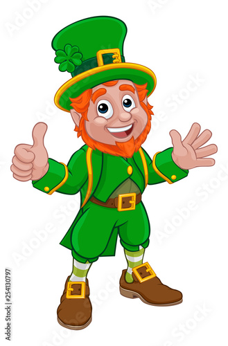 A Leprechaun St Patricks Day Irish cartoon character doing a thumbs up and waving