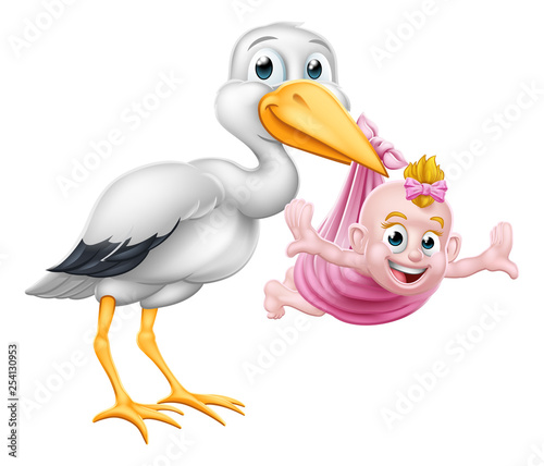 A stork or crane cartoon bird carrying a new born baby as in the pregnancy myth.