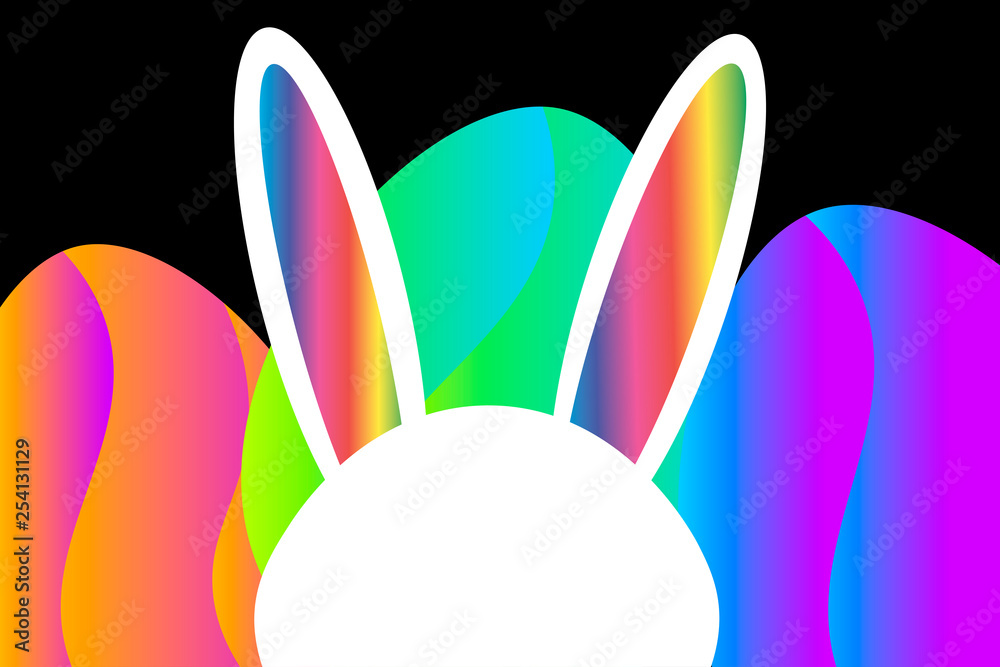 Happy easter template with hid rabbit with copy space for text on the head and eggs with bright creative neon colors and futuristic flow liquid shapes decor. Editable Vector EPS 10 illustration. Happy easter template with hid rabbit with copy space for text on the head and eggs with bright creative neon colors and futuristic flow liquid shapes decor. Editable Vector EPS 10 illustration.