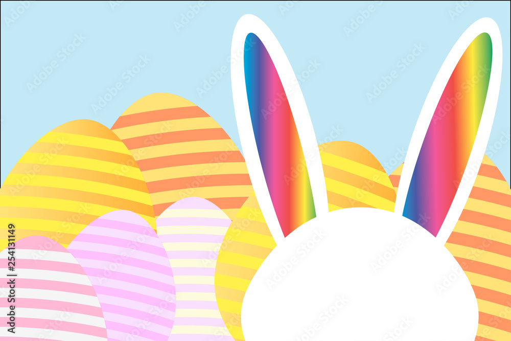 Happy easter template with hid rabbit with copy space for text on the head and eggs. Design layout for invitation, card, menu, flyer, banner, poster, voucher. Editable Vector EPS 10 illustration.