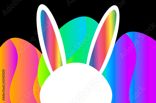 Happy easter template with hid rabbit with copy space for text on the head and eggs with bright creative neon colors and futuristic flow liquid shapes decor. Editable Vector EPS 10 illustration.