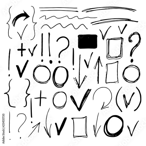 Hand drawn sketch signs, arrows, lines, shapes, handwritten