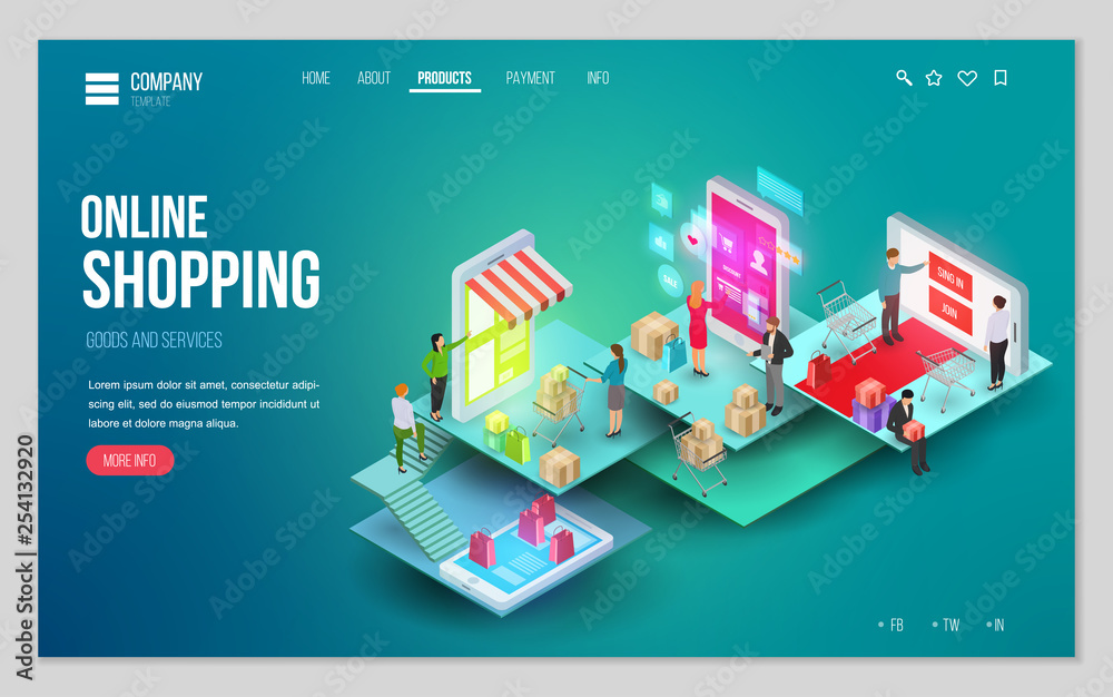 Design website or landing page template. Minimal modern concept for online shopping, e-commerce market. Isometric vector illustration.
