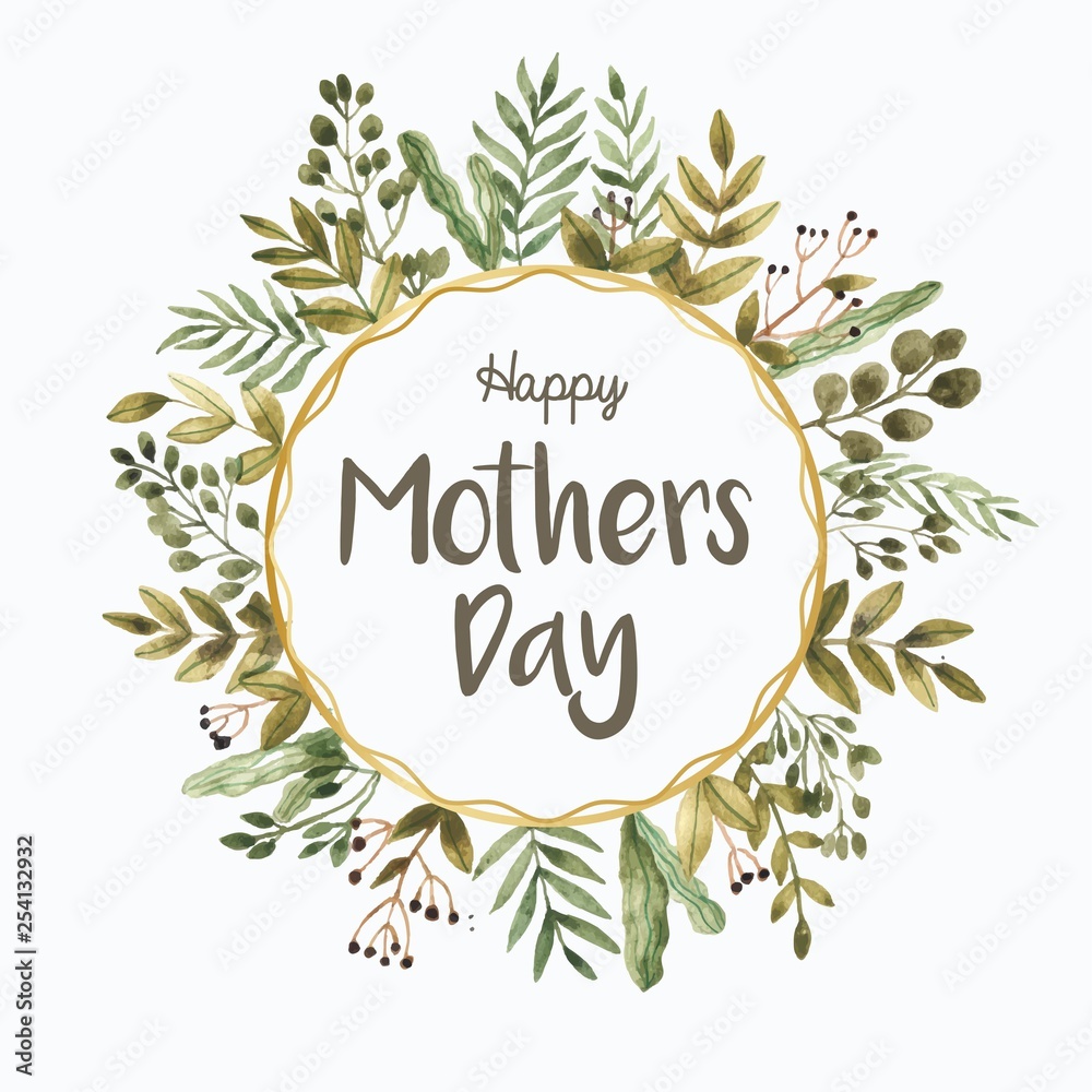 Mother's Day card template with green watercolor flowers and golden frame. Mother's Day card template with green watercolor flowers and golden frame.