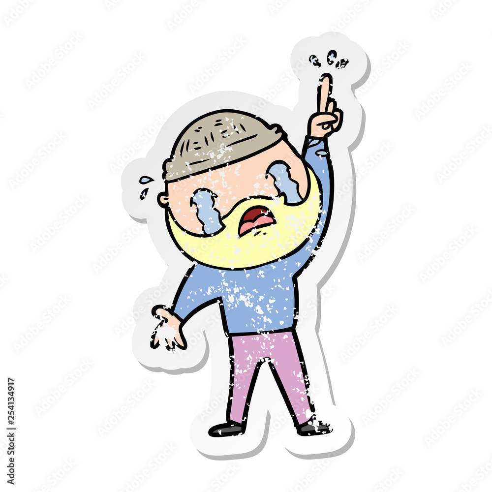 distressed sticker of a cartoon bearded man crying distressed sticker of a cartoon bearded man crying