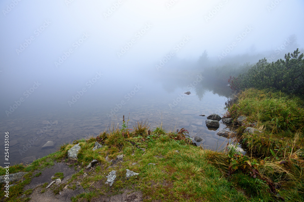 tourist hiking trail in foggy misty day with rain tourist hiking trail in foggy misty day with rain