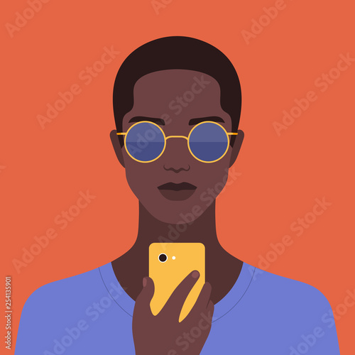 Portrait of an African man with a phone. Addiction on the smartphone. Social networks. Vector Flat Illustration