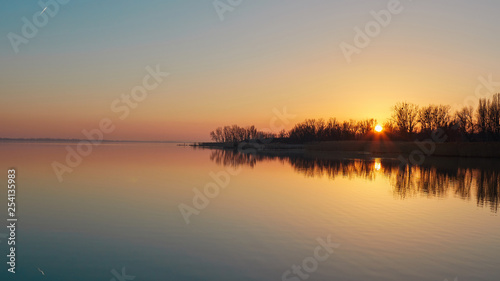 Sunset landscape over the lake Balaton in a autumn evening in Hungary