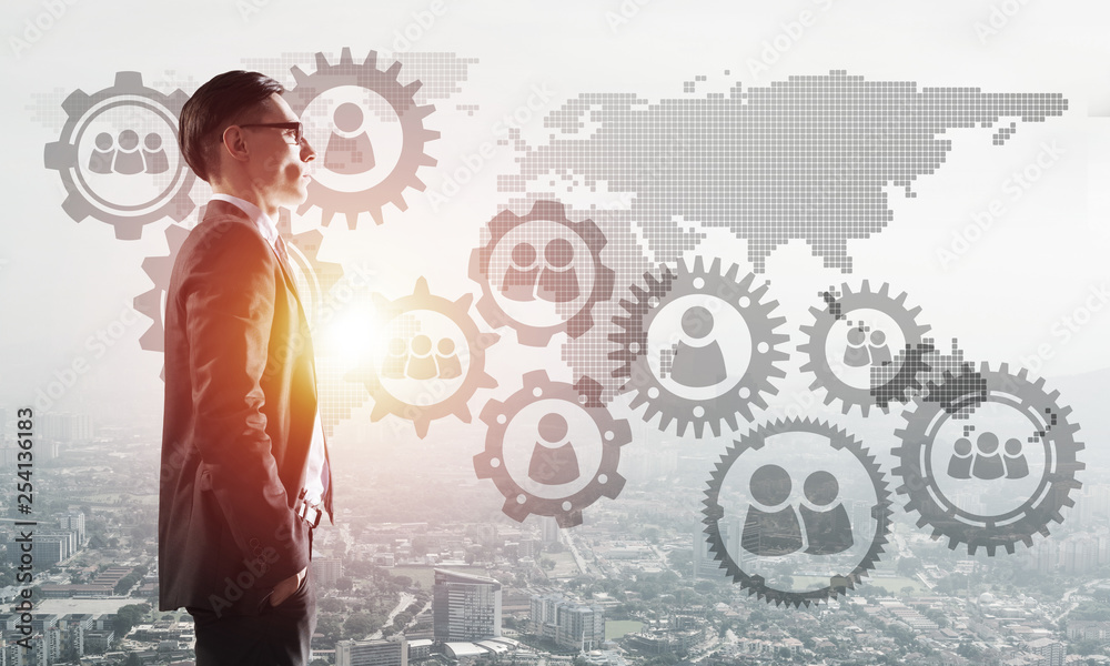 Concept of business success and control with confident boss against cityscape background Concept of business success and control with confident boss against cityscape background