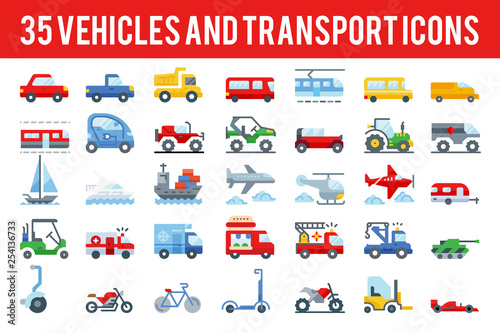 35 Vehicle and transport flat icons sign and symbols. Pixel perfect icon base on 64px