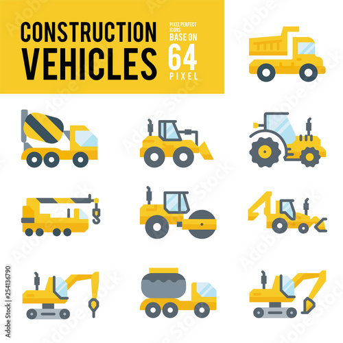 Construction Vehicle and Transport Flat Icons. Pixel Perfect Icon Base on 64px.