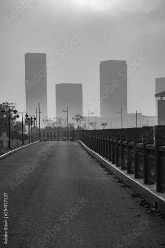 Sunset at the road to the city. China. Lianyungang. 