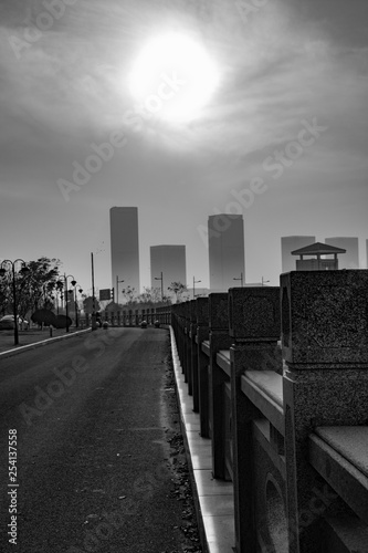 Sunset at the road to the city. China. Lianyungang. 