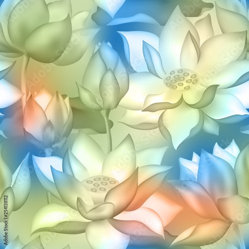 Lotus buds and flowers seamless wallpaper., Water lilly nelumbo aquatic plant illustration.