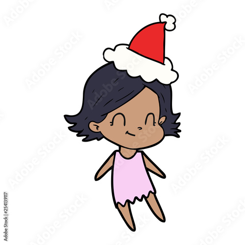 line drawing of a friendly girl wearing santa hat