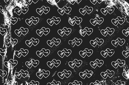 Grunge pattern with line art icons of double cupid hearts. Horizontal black and white backdrop.